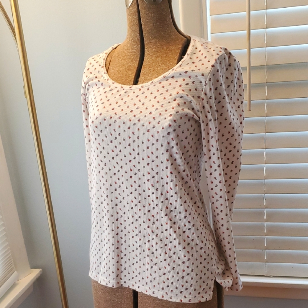 3/$25 Slim Fit Cream Ditsy Floral Long Sleeve Ribbed Cotton Blend Top